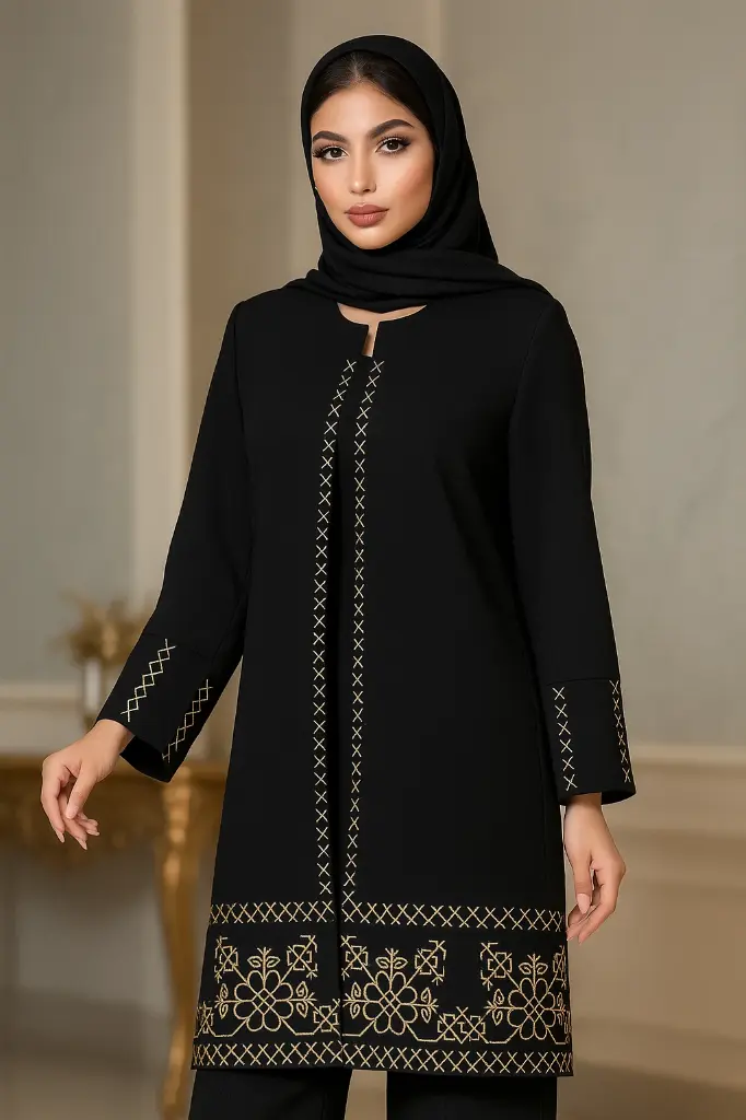 ‎⁨مانتو مجلسی فلورا (مشکی طلایی)⁩.webp