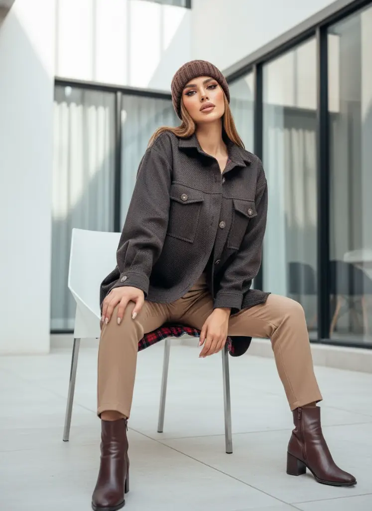 مانتو پاییزه فوتر قهوهای شکت رز ۴ - کد ۹۵۷.webp