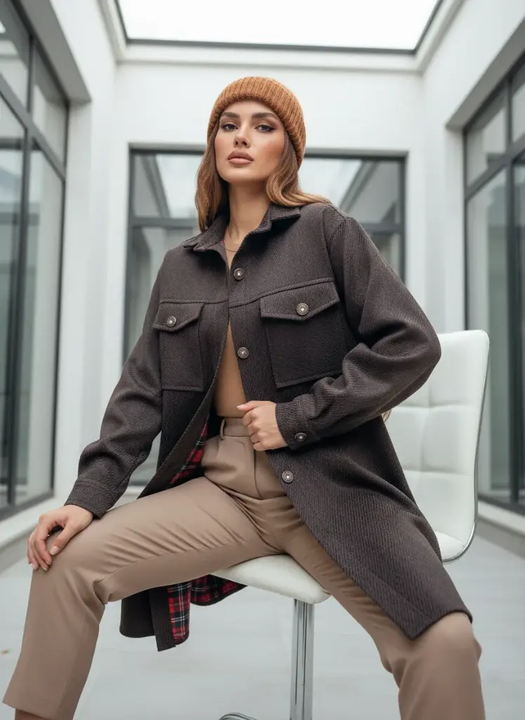 مانتو پاییزه فوتر قهوه_ای شکت رز ۲ - کد ۹۵۷.webp