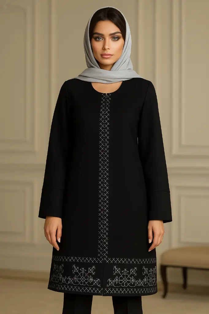 مانتو مجلسی کرپ مشکی فلورا