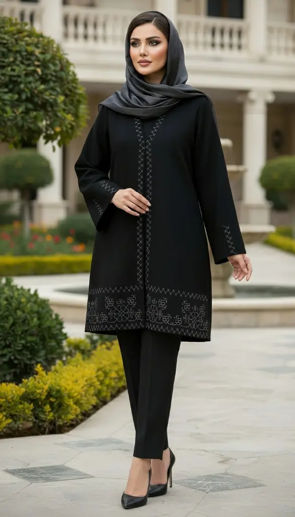 مانتو مجلسی کرپ مشکی فلورینا